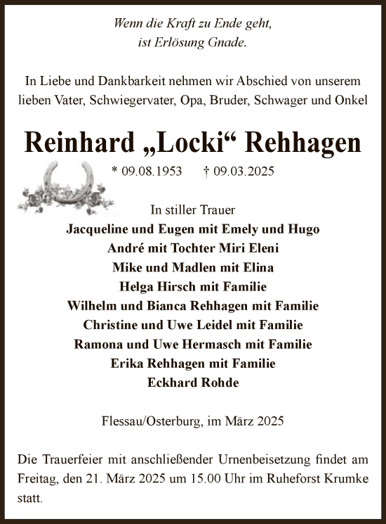 Traueranzeige von Reinhard Rehhagen von UEL