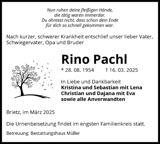 Traueranzeige von Rino Pachl von UEL
