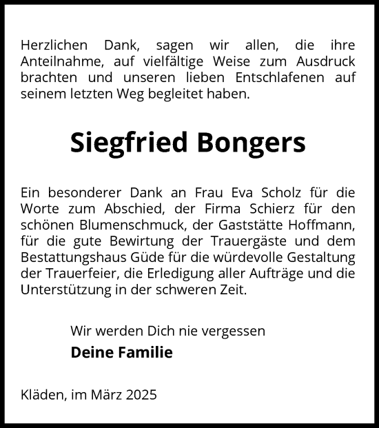 Traueranzeige von Siegfried Bongers von UEL