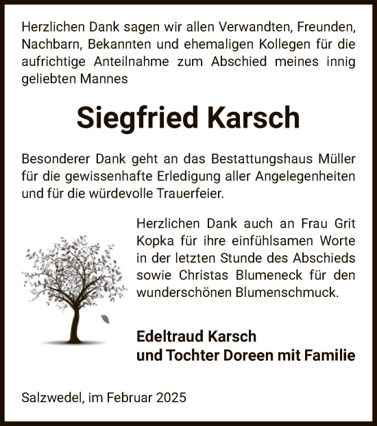 Traueranzeige von Siegfried Karsch von UEL