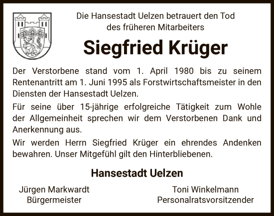 Traueranzeige von Siegfried Krüger von UEL