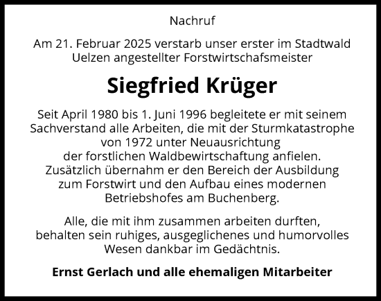 Traueranzeige von Siegfried Krüger von UEL