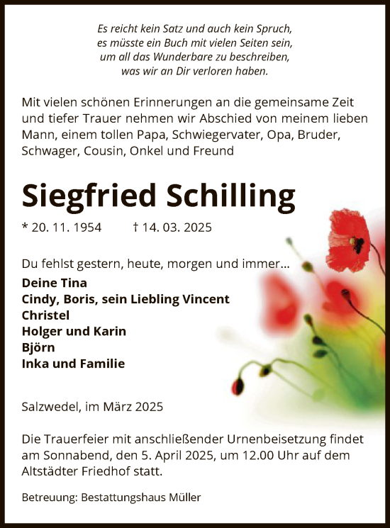 Traueranzeige von Siegfried Schilling von UEL