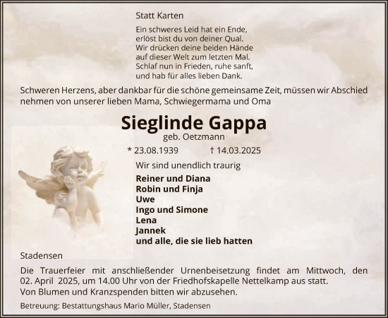 Traueranzeige von Sieglinde Gappa von UEL