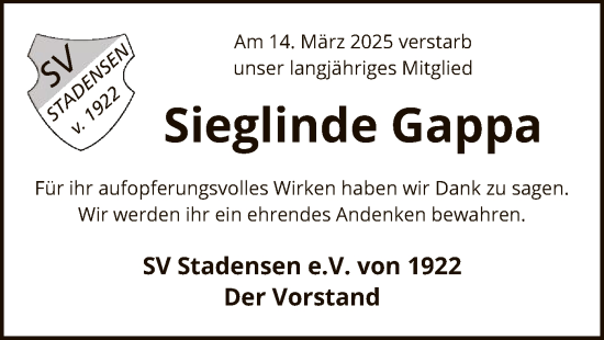 Traueranzeige von Sieglinde Gappa von UEL