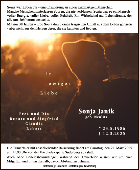 Traueranzeige von Sonja Janik von UEL
