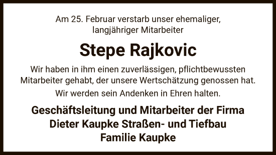 Traueranzeige von Stepe Rajkovic von UEL