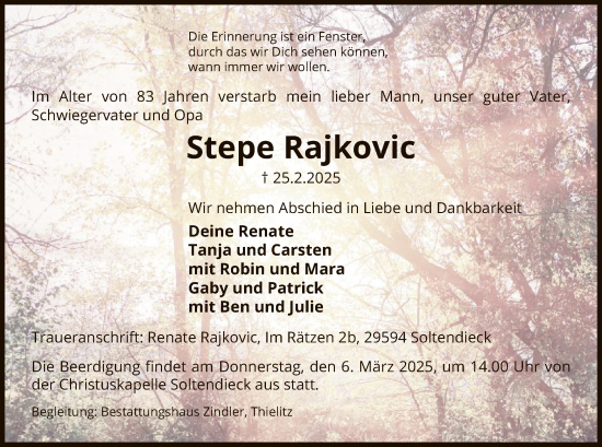 Traueranzeige von Stepe Rajkovic von UEL