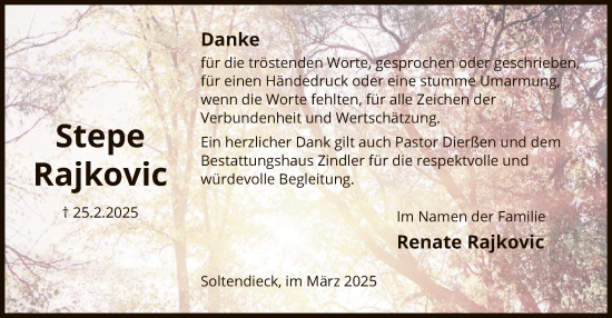 Traueranzeige von Stepe Rajkovic von UEL