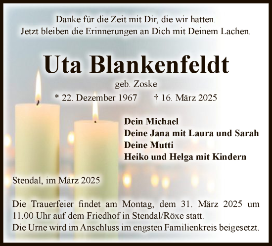 Traueranzeige von Uta Blankenfeldt von UEL
