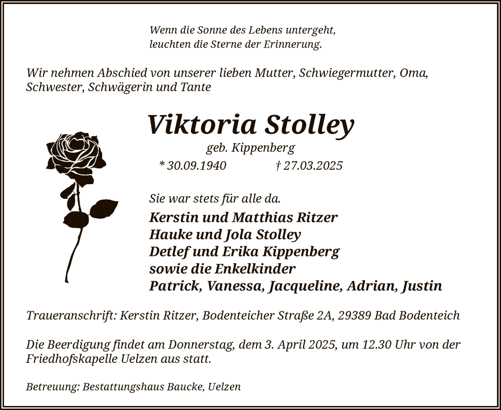  Traueranzeige für Viktoria Stolley vom 29.03.2025 aus UEL