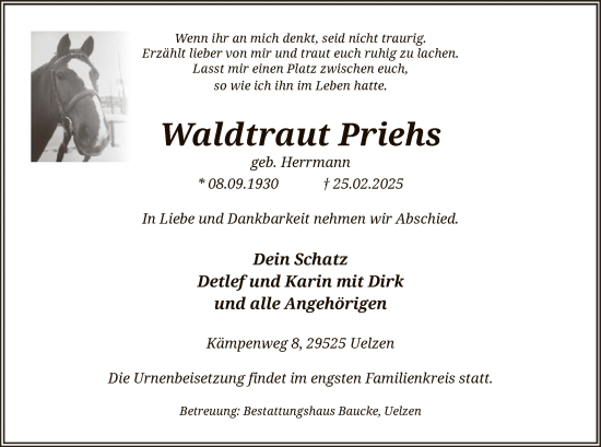 Traueranzeige von Waldtraut Priehs von UEL