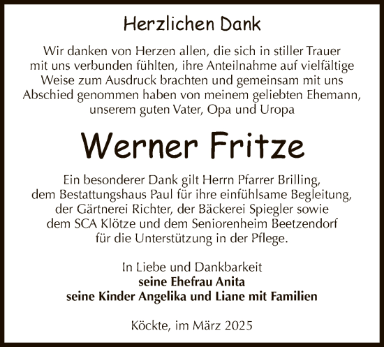 Traueranzeige von Werner Fritze von UEL