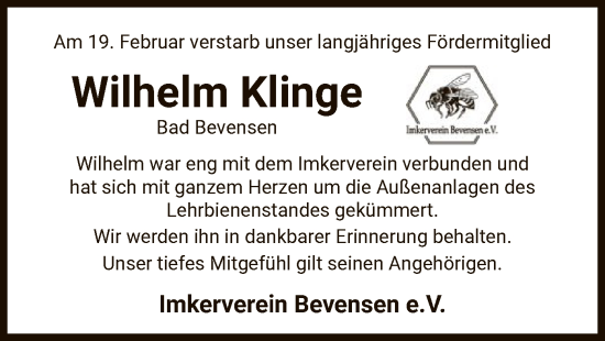 Traueranzeige von Wilhelm Klinge von UEL