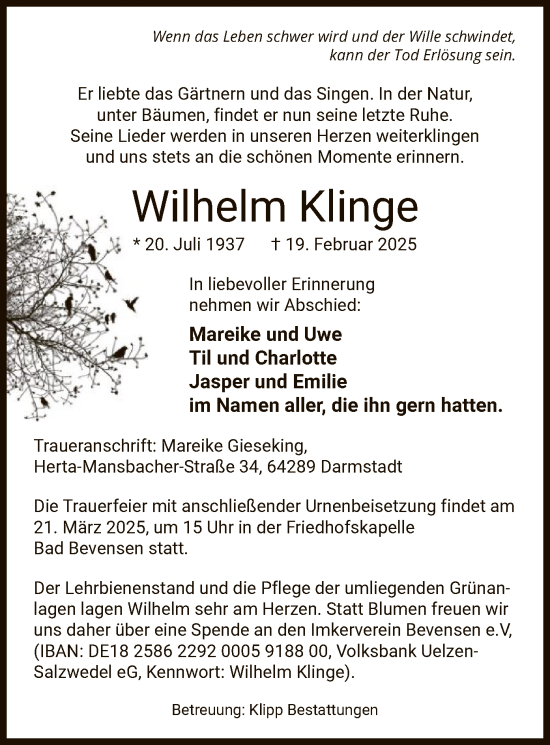 Traueranzeige von Wilhelm Klinge von UEL