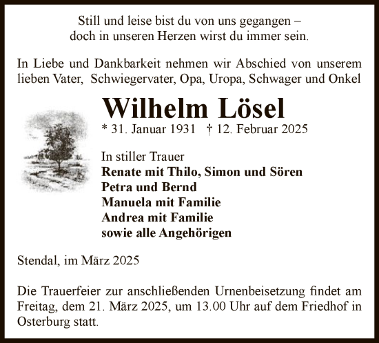 Traueranzeige von Wilhelm Lösel von UEL