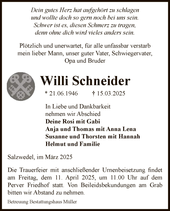 Traueranzeige von Willi Schneider von UEL