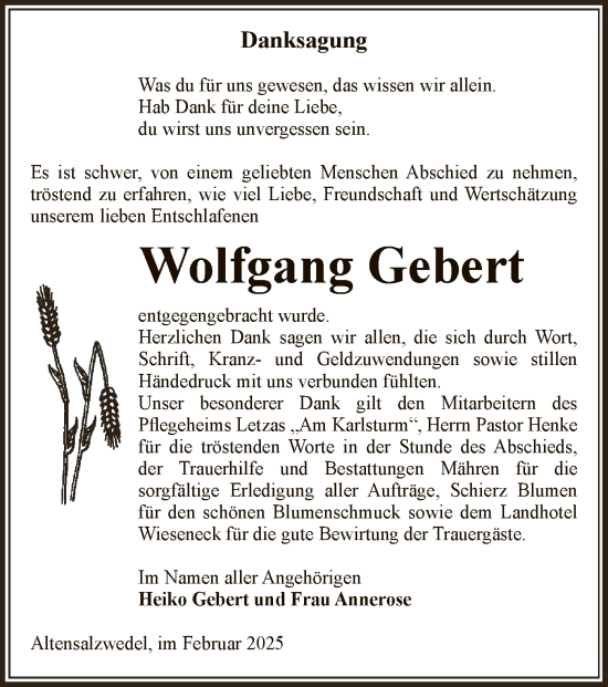 Traueranzeige von Wolfgang Gebert von UEL