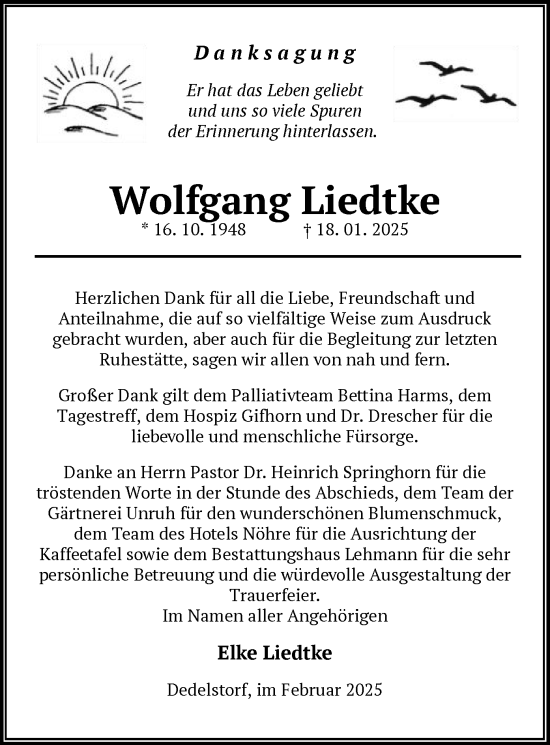 Traueranzeige von Wolfgang Liedtke von UEL