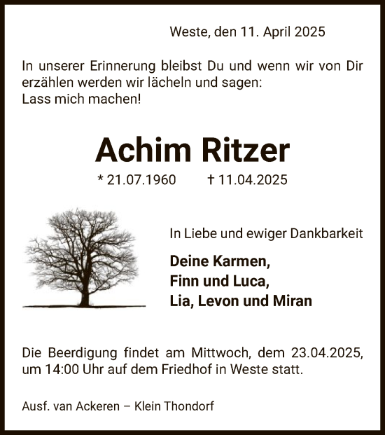 Traueranzeige von Achim Ritzer von UEL