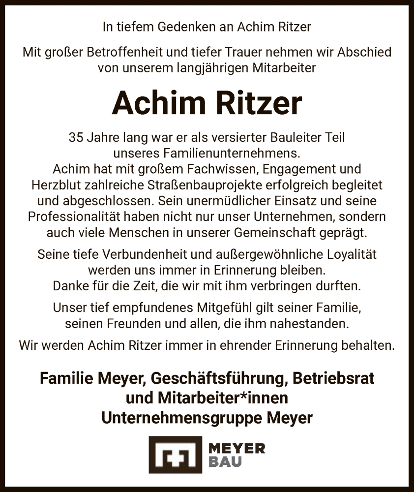  Traueranzeige für Achim Ritzer vom 19.04.2025 aus UEL