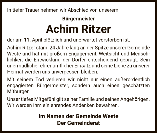 Traueranzeige von Achim Ritzer von UEL