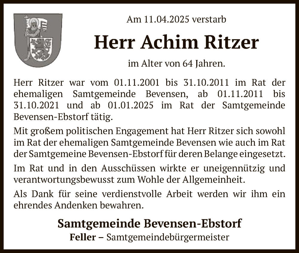  Traueranzeige für Achim Ritzer vom 19.04.2025 aus UEL