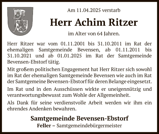 Traueranzeige von Achim Ritzer von UEL