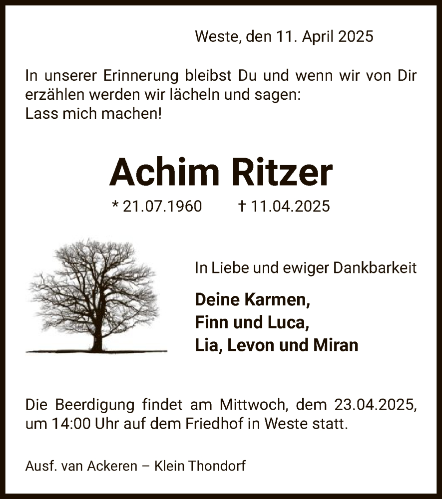  Traueranzeige für Achim Ritzer vom 19.04.2025 aus UEL