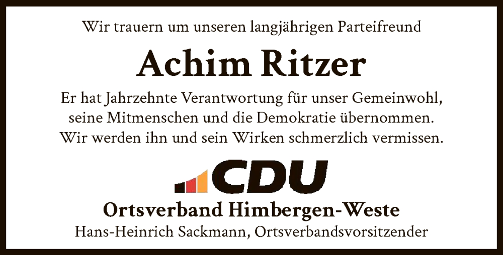  Traueranzeige für Achim Ritzer vom 19.04.2025 aus UEL