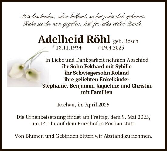 Traueranzeige von Adelheid Röhl von UEL