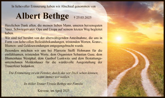 Traueranzeige von Albert Bethge von UEL