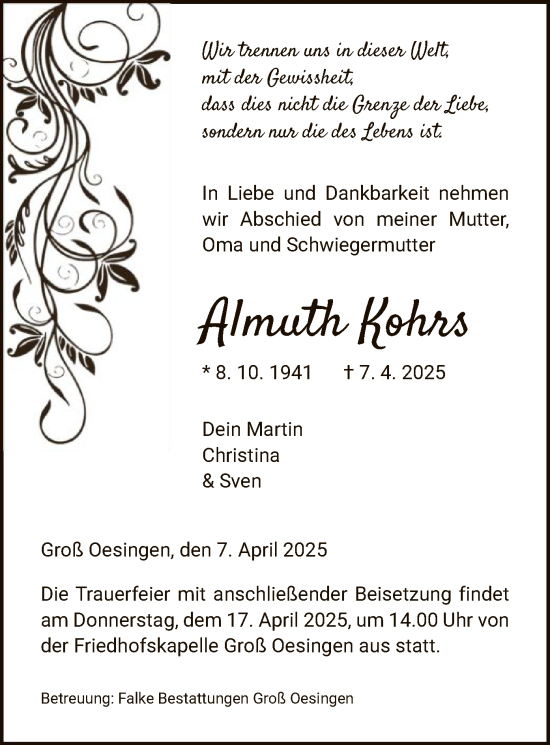 Traueranzeige von Almuth Kohrs von UEL