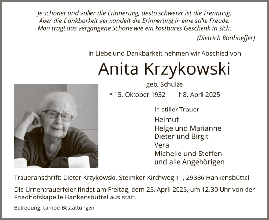 Traueranzeige von Anita Krzykowski von UEL