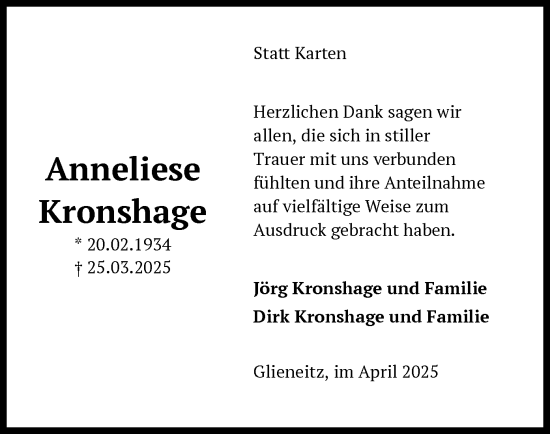 Traueranzeige von Anneliese Kronshage von UEL