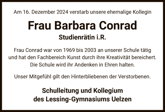 Traueranzeige von Barbara Conrad von UEL