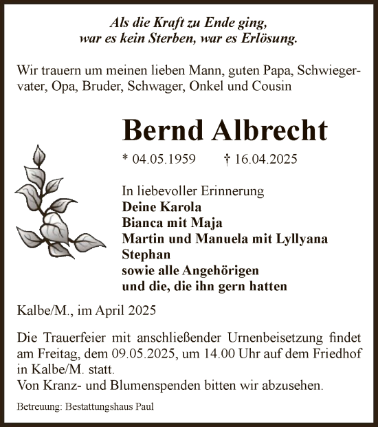 Traueranzeige von Bernd Albrecht von UEL