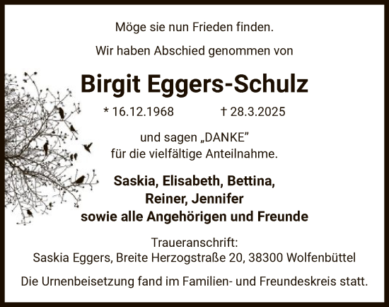 Traueranzeige von Birgit Eggers-Schulz von UEL