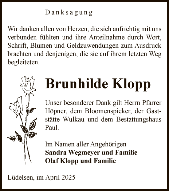 Traueranzeige von Brunhilde Klopp von UEL