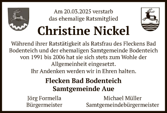 Traueranzeige von Christine Nickel von UEL