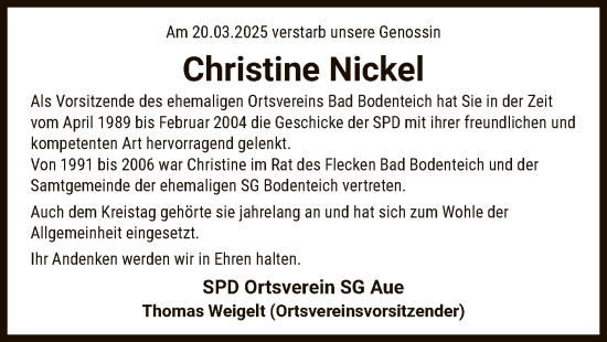 Traueranzeige von Christine Nickel von UEL