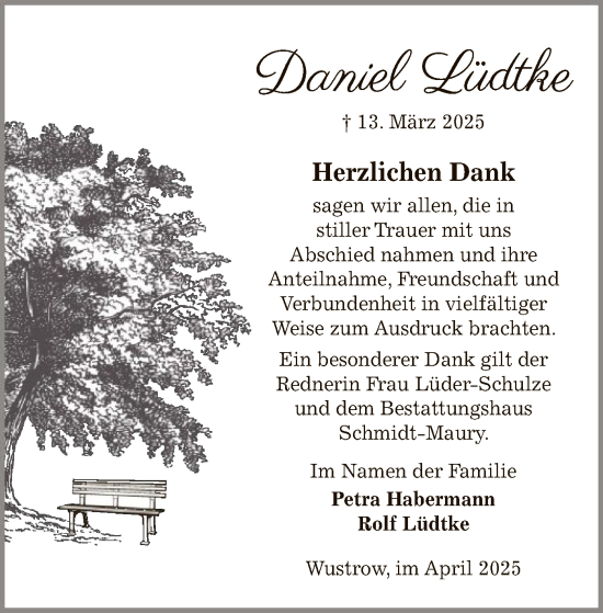 Traueranzeige von Daniel Lüdtke von UEL