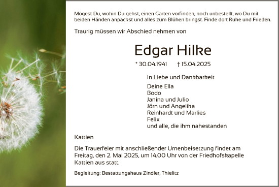 Traueranzeige von Edgar Hilke von UEL
