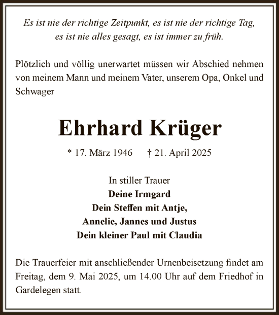 Traueranzeige von Ehrhard Krüger von UEL