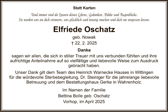 Traueranzeige von Elfriede Oschatz von UEL