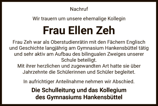 Traueranzeige von Ellen Zeh von UEL