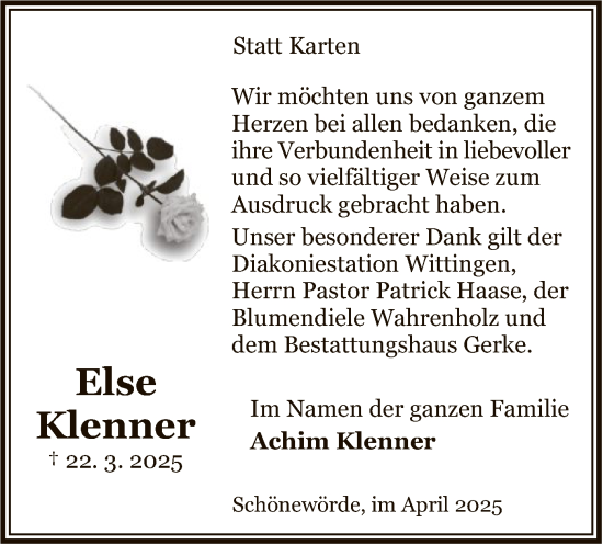 Traueranzeige von Else Klenner von UEL
