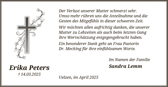 Traueranzeige von Erika Peters von UEL