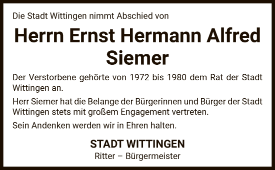 Traueranzeige von Ernst Hermann Alfred Siemer von UEL