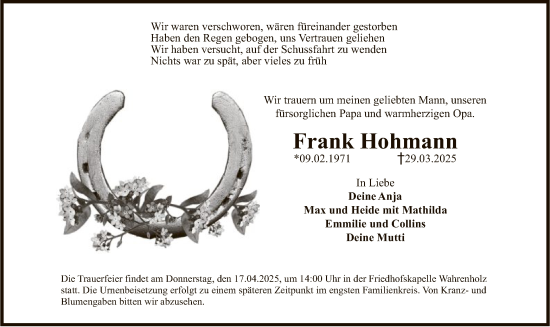 Traueranzeige von Frank Hohmann von UEL